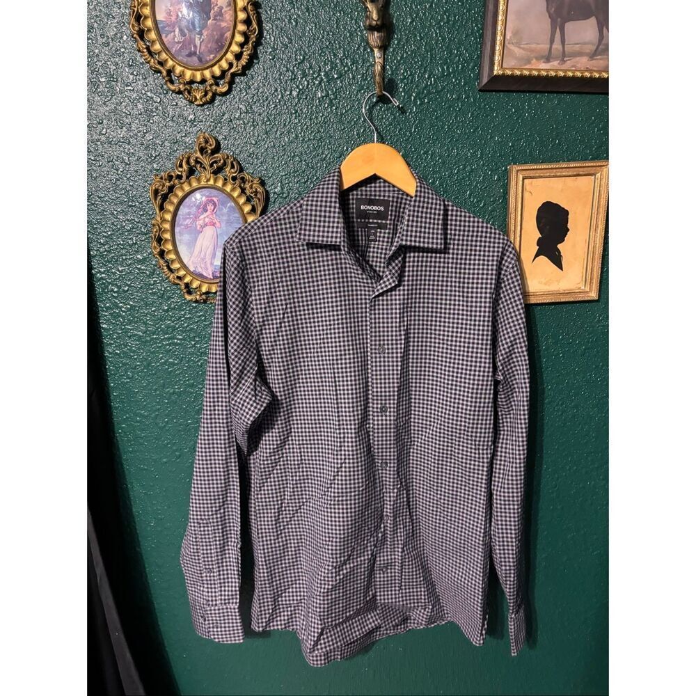 Mens Navy Blue And Gray Checkered Tailored Fit Bonobos Button Down Shirt Size La